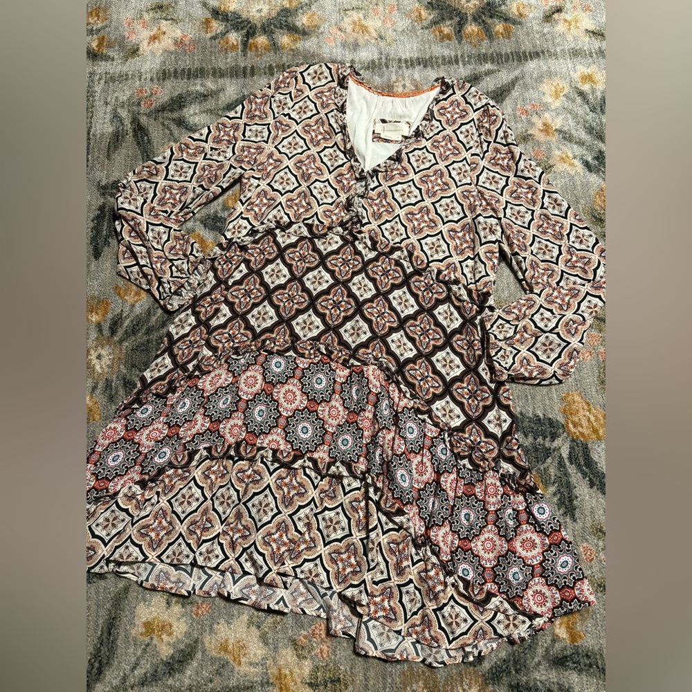 Anthropologie Tiered V-Neck Mini Dress Womens Medium Long Sleeve Boho - Picture 4 of 10